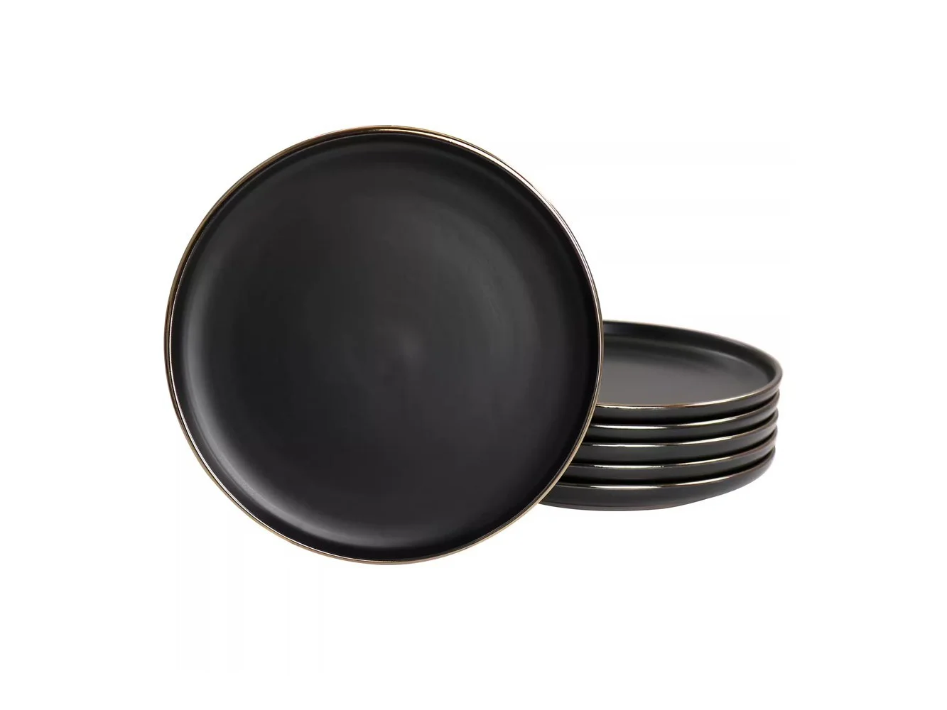 **Elama - Paul 6 Piece Stoneware Salad Plate Set in Matte with Gold Rim - Black**