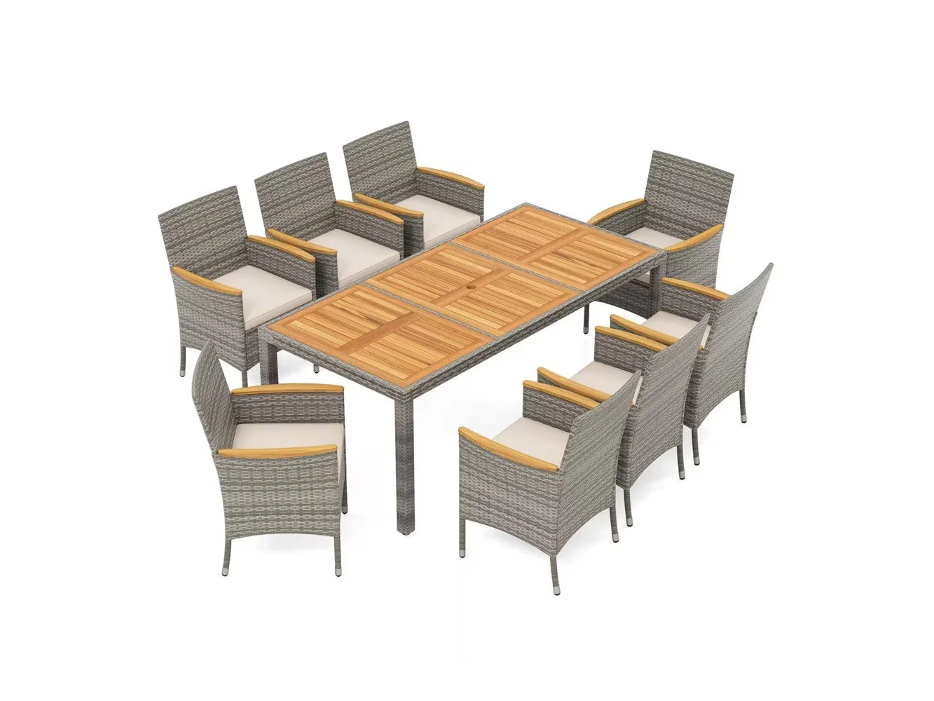 **Costway - 9 PCS Patio Dining Set for 8 Table and PE Rattan Chairs with 2" Umbrella Hole - Mix Gray,Off White**