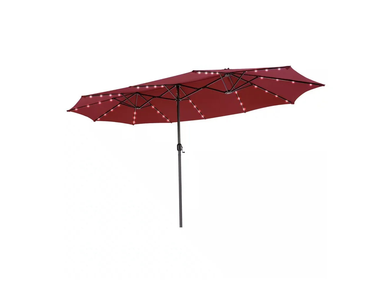 **Costway - 15FT Twin Patio Double-Sided Umbrella 48 Solar LED Lights Crank Outdoor - Wine**