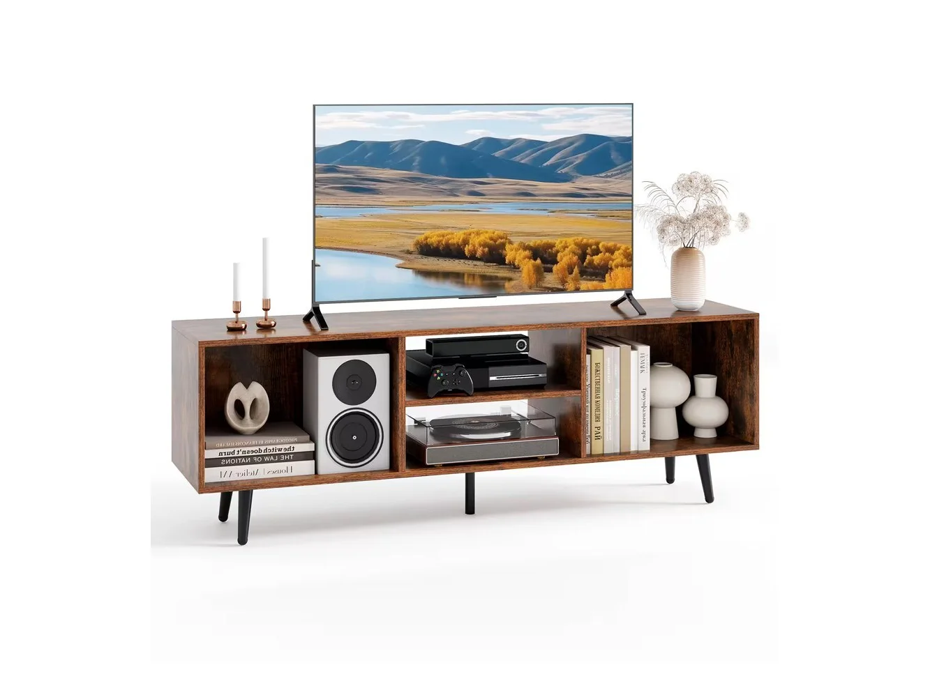 **Costway - 47.5" Console Cabinet for 55-Inch TVs whth Storage Shelves Heavy-duty Metal Legs - Brown**