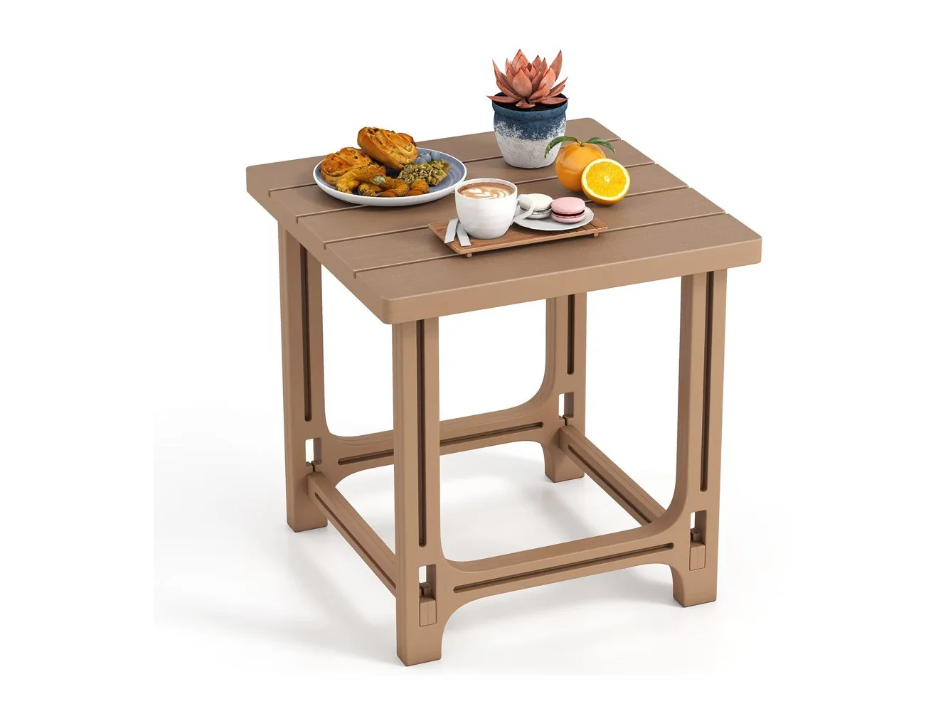 **Costway - 18" Outdoor Adirondack Side Table with Slatted Surface, 0-Screw Assembly for Porch - Brown**