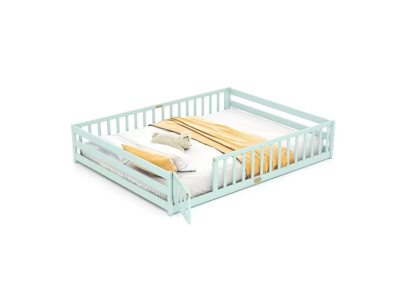 **Costway - Queen Size Floor Bed with Full Length Safety Guardrails & Door for Boys, Girls - Mint Sky**