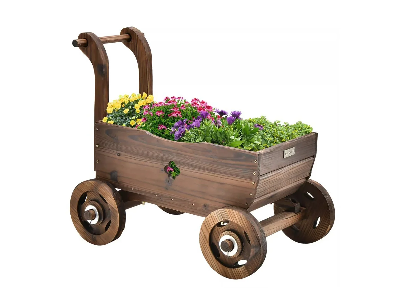 **Costway - Decorative Wagon Cart Plant Flower Pot Stand Wooden Raised Garden Planter Box - Rustic Brown**