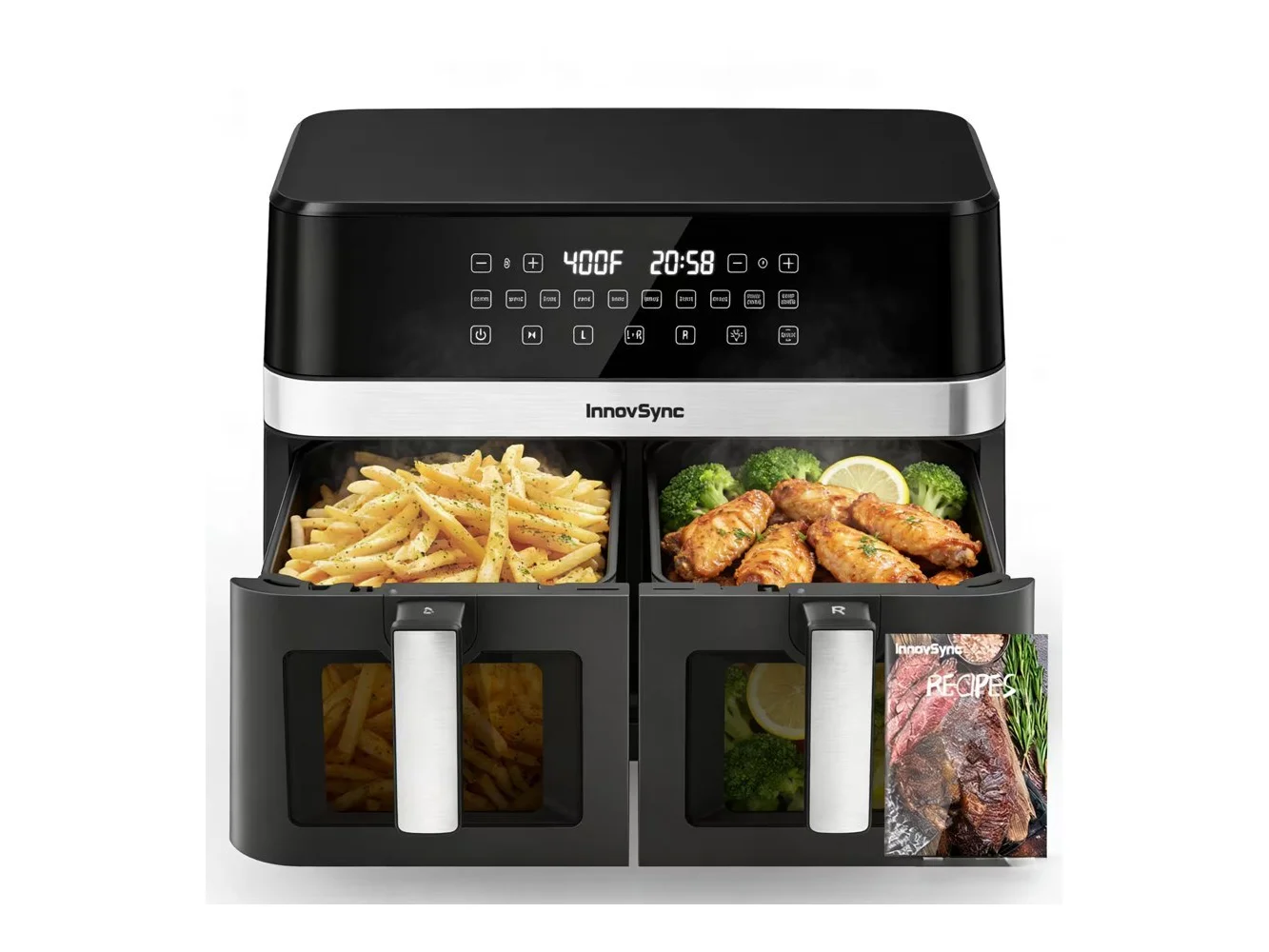 **InnovSync - 12QT Dual Basket Air Fryer, 10-in-1 Digital Air Fryer Oven with Visible Windows, 6QTΓ2 Capacity - Black**