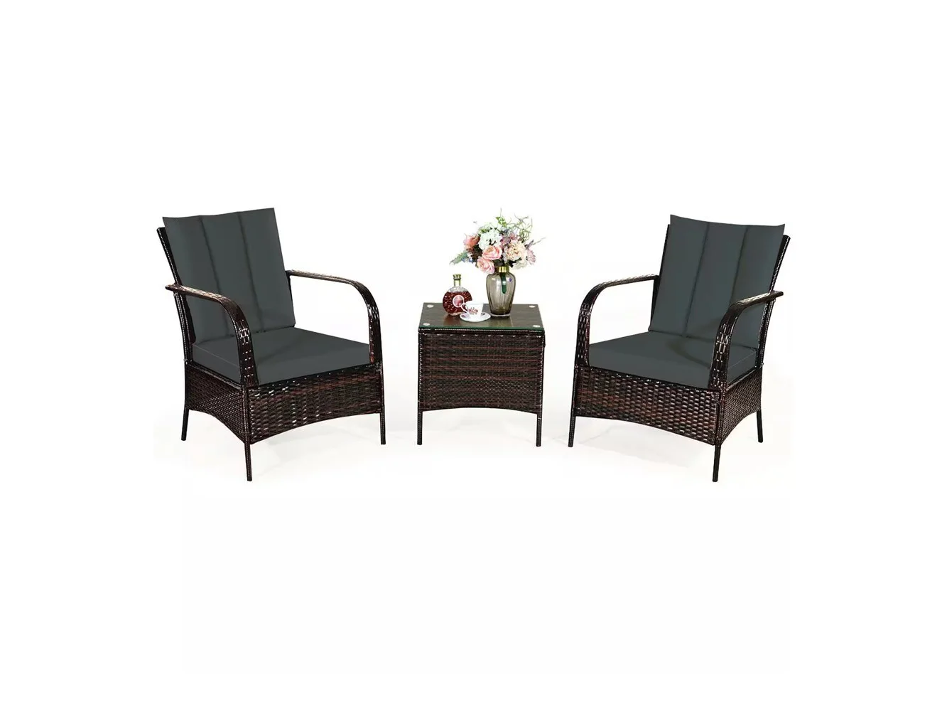 **Costway - 3 PCS Patio Wicker Rattan Furniture Set Coffee Table & 2 Rattan Chair W/Cushions - Dark Gray**