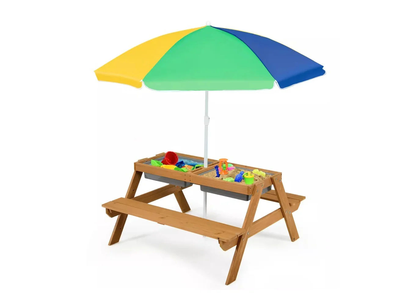 **Costway - 3-in-1 Kids Picnic Table Wooden Outdoor Sand & Water Table with Umbrella Play Boxes - Green**