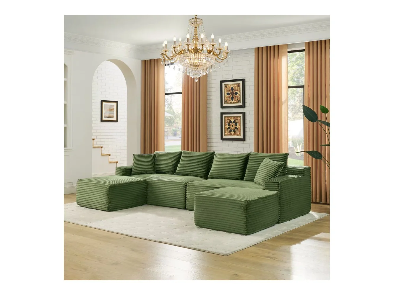 **Anysun - 115" U-Shape Boneless Corduroy Sectional with Chaise & Ottoman-No Assembly, Deep-Seat Modular Cloud Sofa for Living Room - Green**