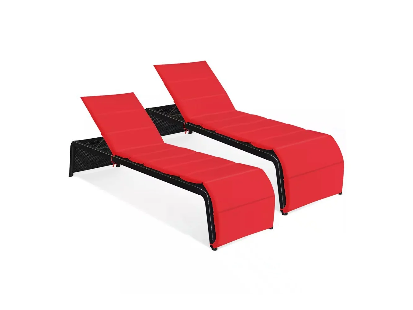**Costway - 2 PCS Patio Rattan Lounge Chair Chaise Recliner Back Adjustable Cushioned - Red**