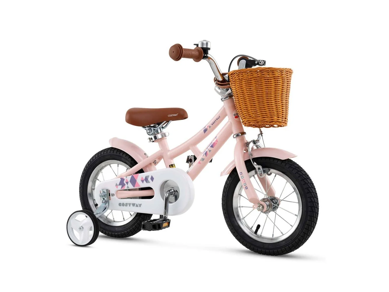 **Costway - 12 Inch Bicycle with Height Adjustable Handlebar & Seat Basket Bell Training Wheels - Pink**