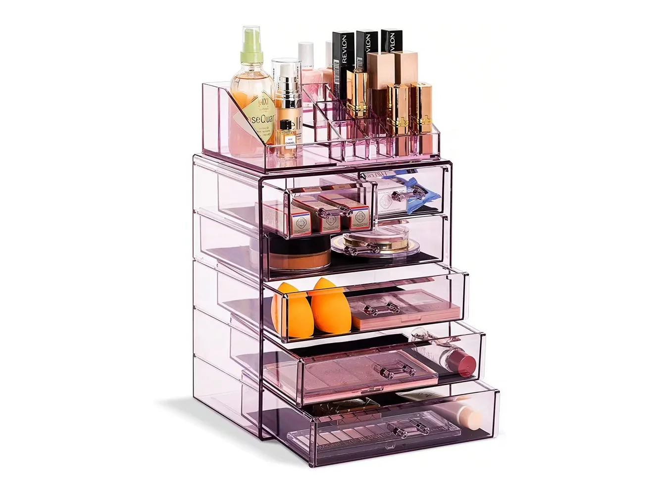 **Sorbus - 2 Piece Acrylic Makeup and Jewelry Storage Organizer Case (6 Drawers and Lipstick Tray) - Purple**