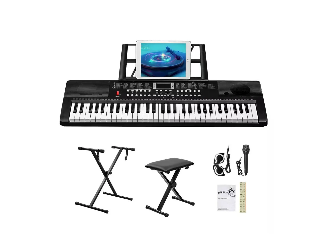 **Winado - 61 Key Electronic Keyboard Piano w/ Stand, Bench & Headphones, Microphone Set for Beginners w/Lighted Keys**