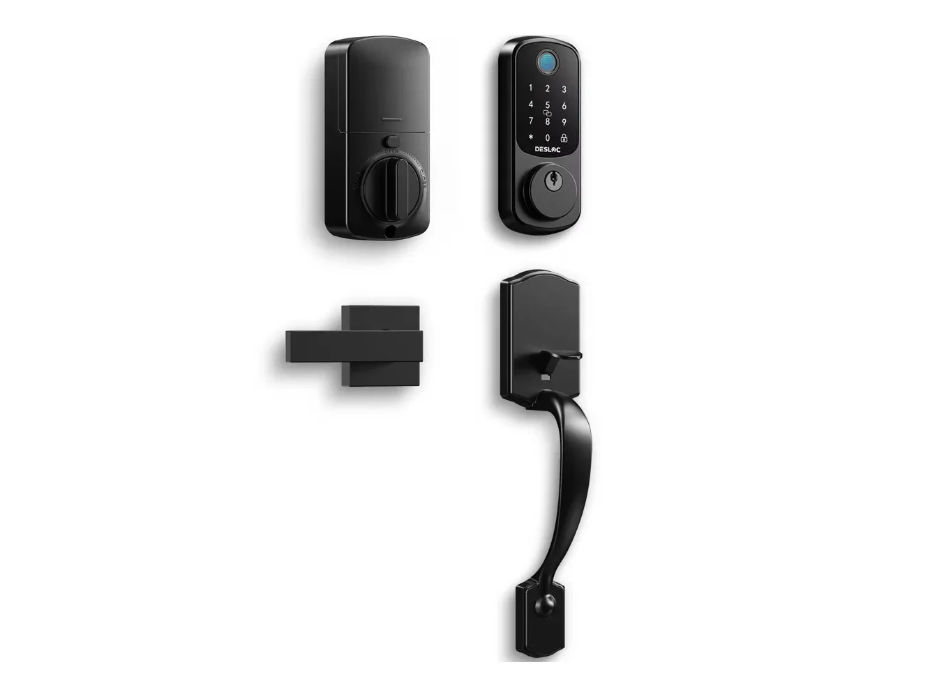**DESLOC - B200 Smart Lock Keyless Entry Fingerprint Deadbolt with Handle/Lever Set, Front Door Replacement, Bluetooth App - Black - Handle**