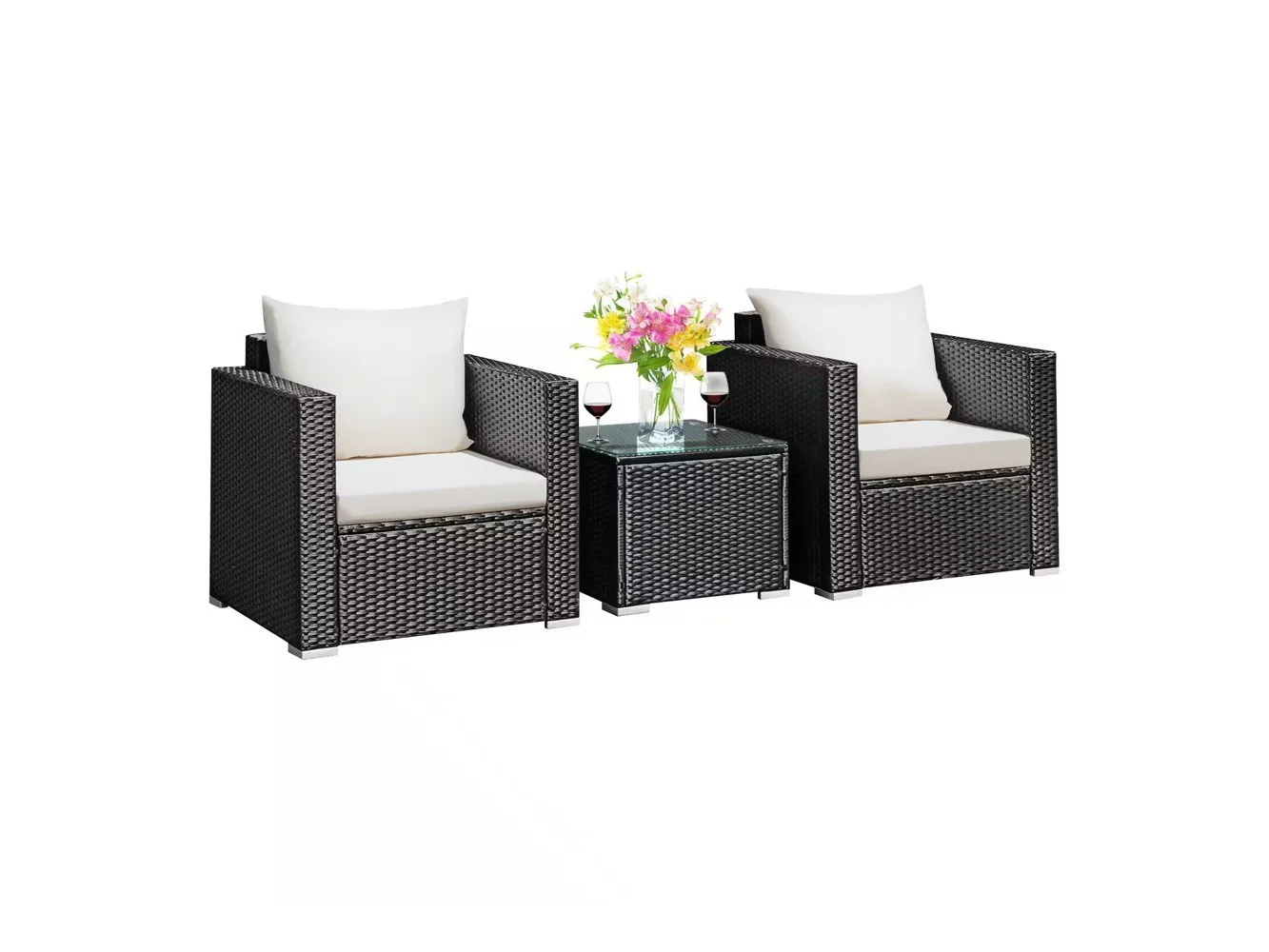 **Costway - 3PCS Patio wicker Furniture Set Conversation Rattan Sofa Set w/Cushion Garden - Black,White**