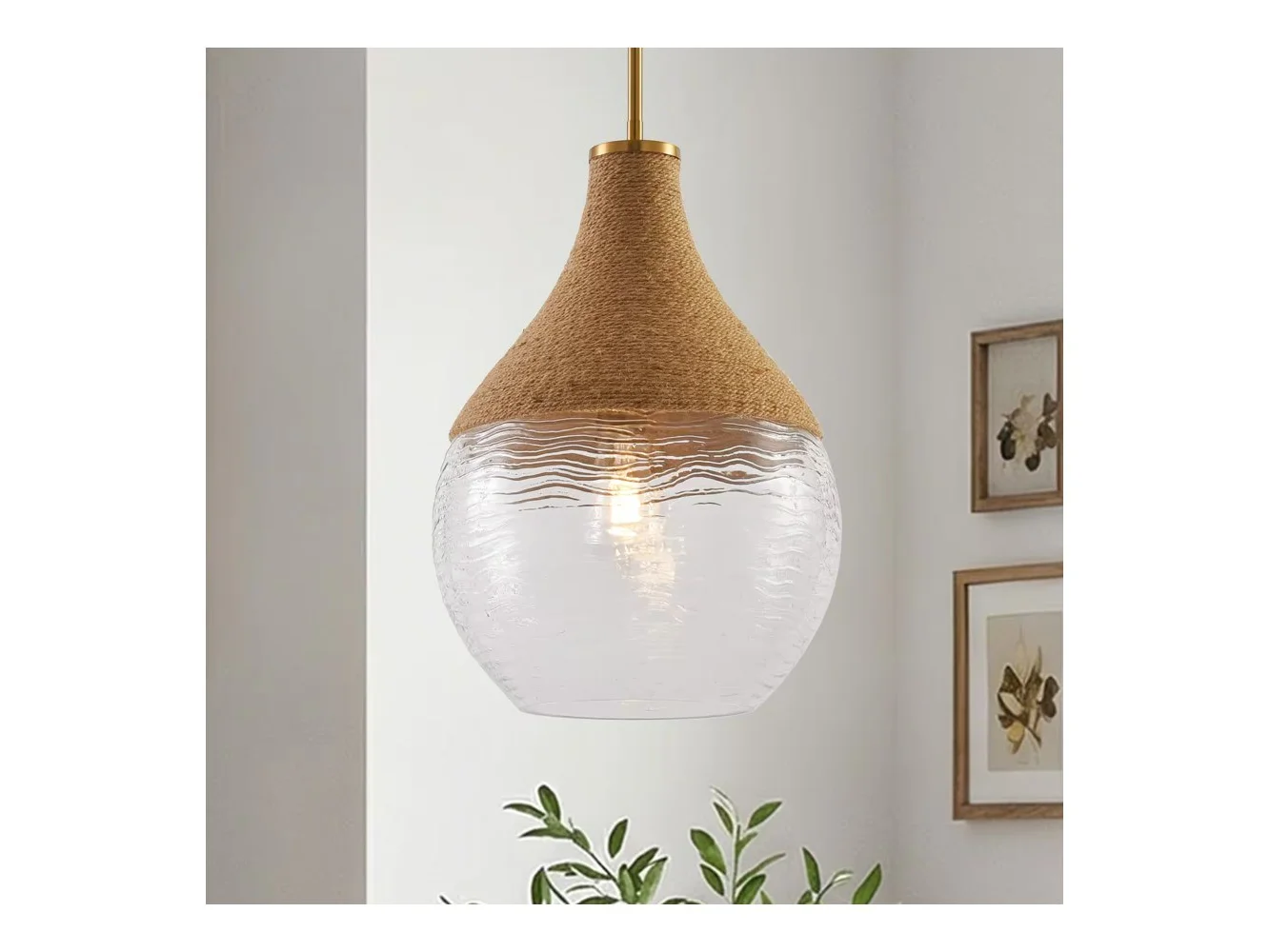 **Parrot Uncle - 13" Modern 1-Light Natural Hand-Woven Hemp Rope Hanging Lamp Pendant Light - Brass**