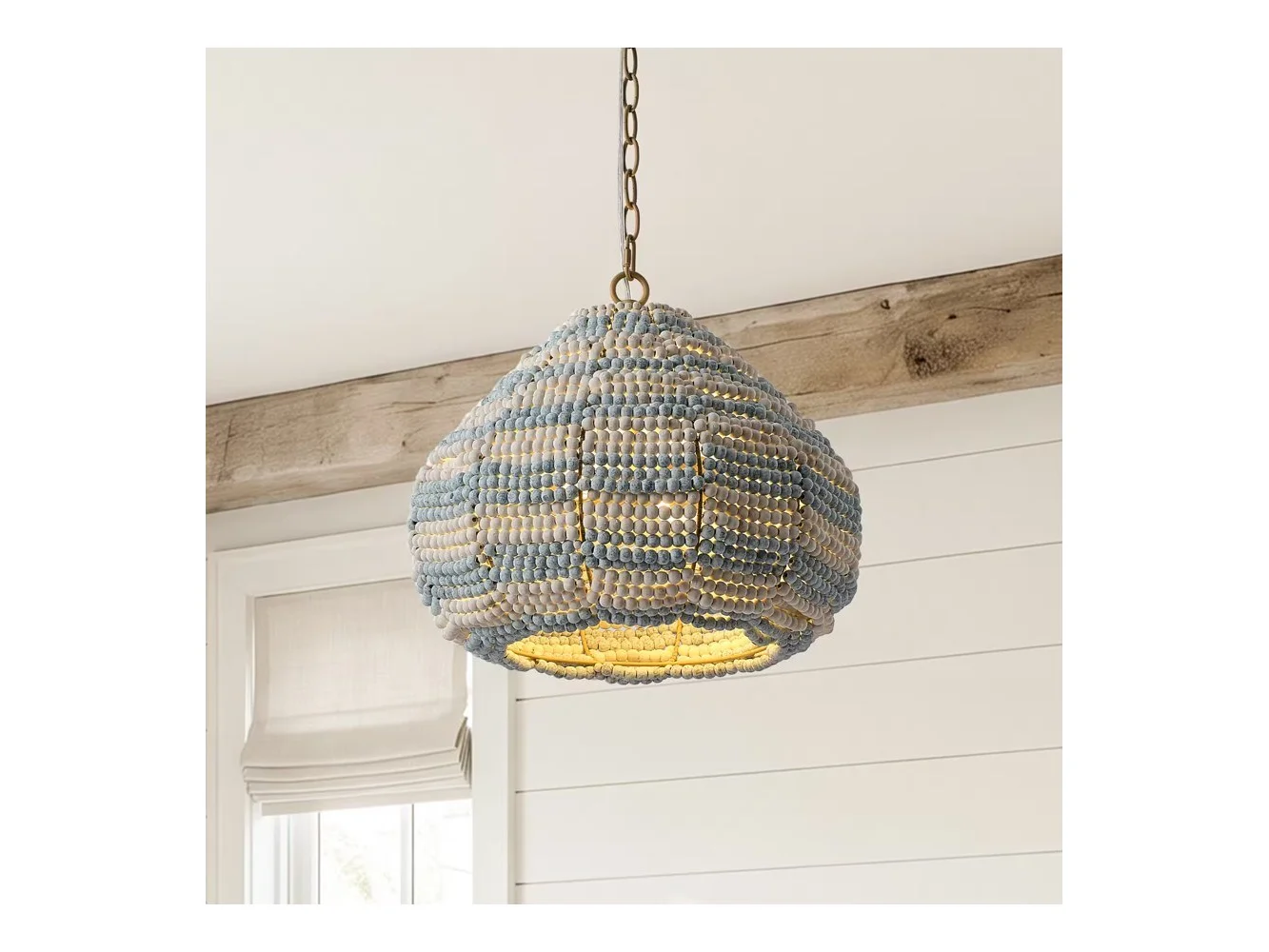 **Parrot Uncle - 15.7" Boho Wood Beaded 2-Light Adjustable Pendant Light for Dining Room and Kitchen Island - White,Blue**