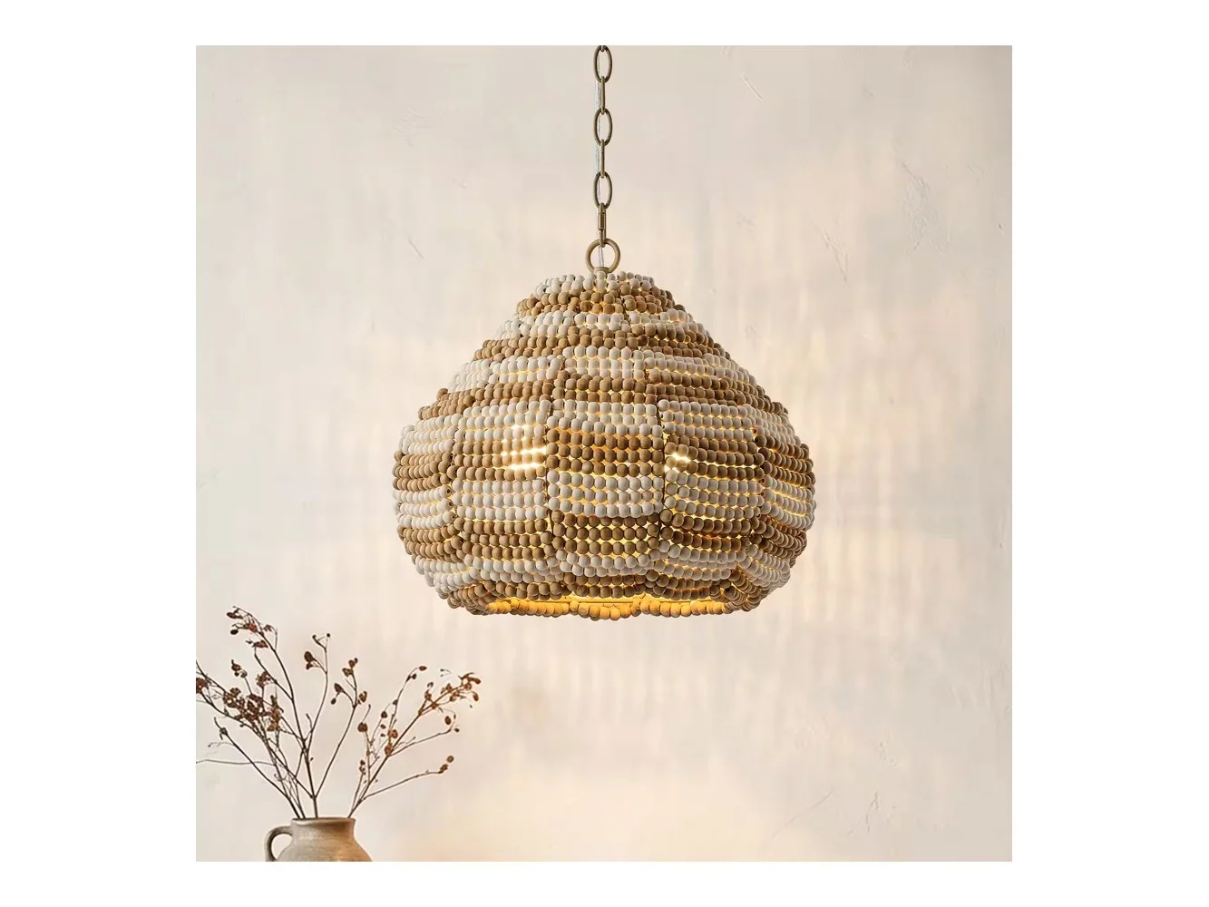 **Parrot Uncle - 15.7" Boho Wood Beaded 2-Light Adjustable Pendant Light for Dining Room and Kitchen Island - Natural**