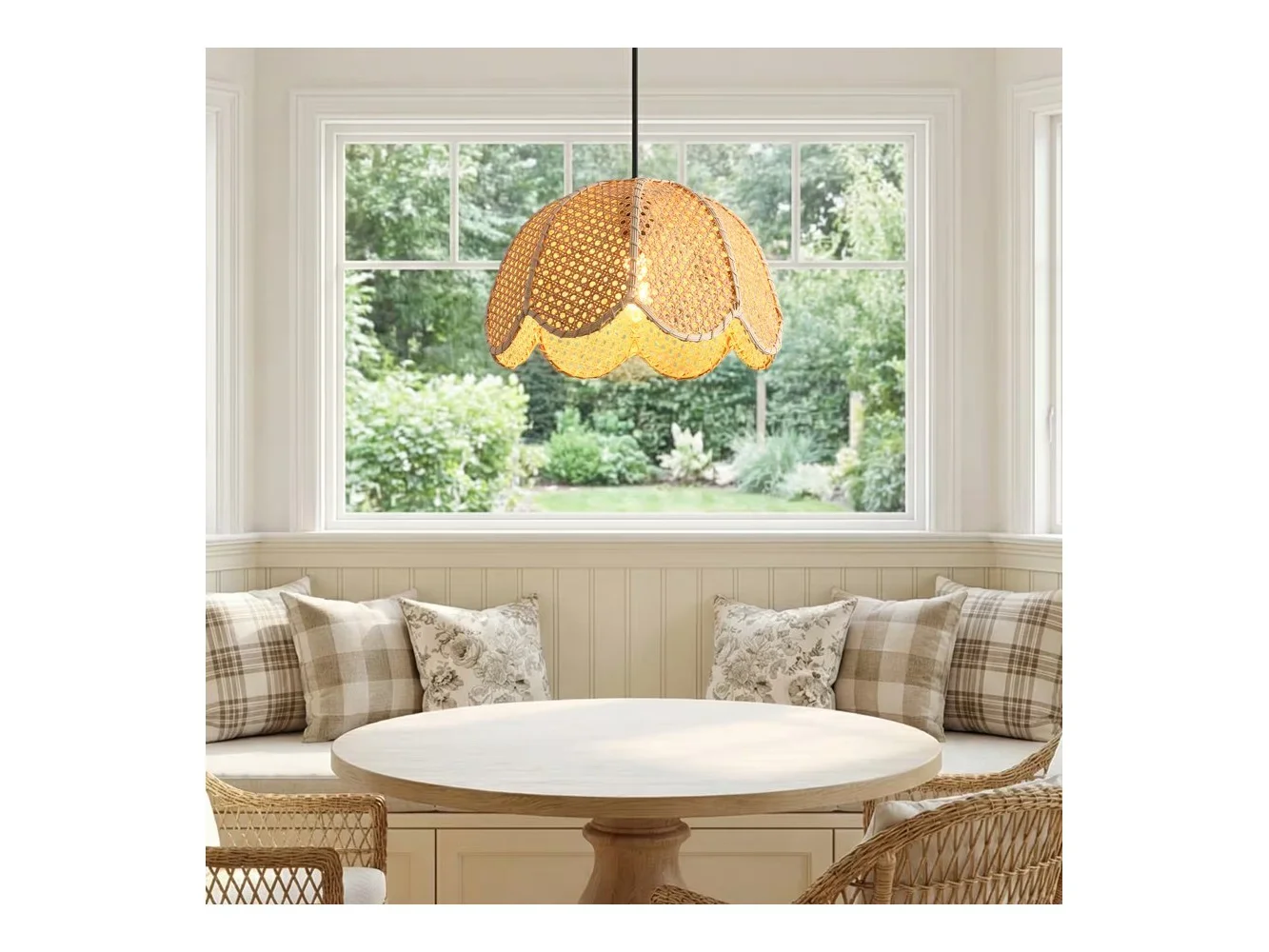 **Parrot Uncle - 1-Light Farmhouse Flower Shaped Brown Hand-Woven Natural Rattan Hanging Pendant Light**