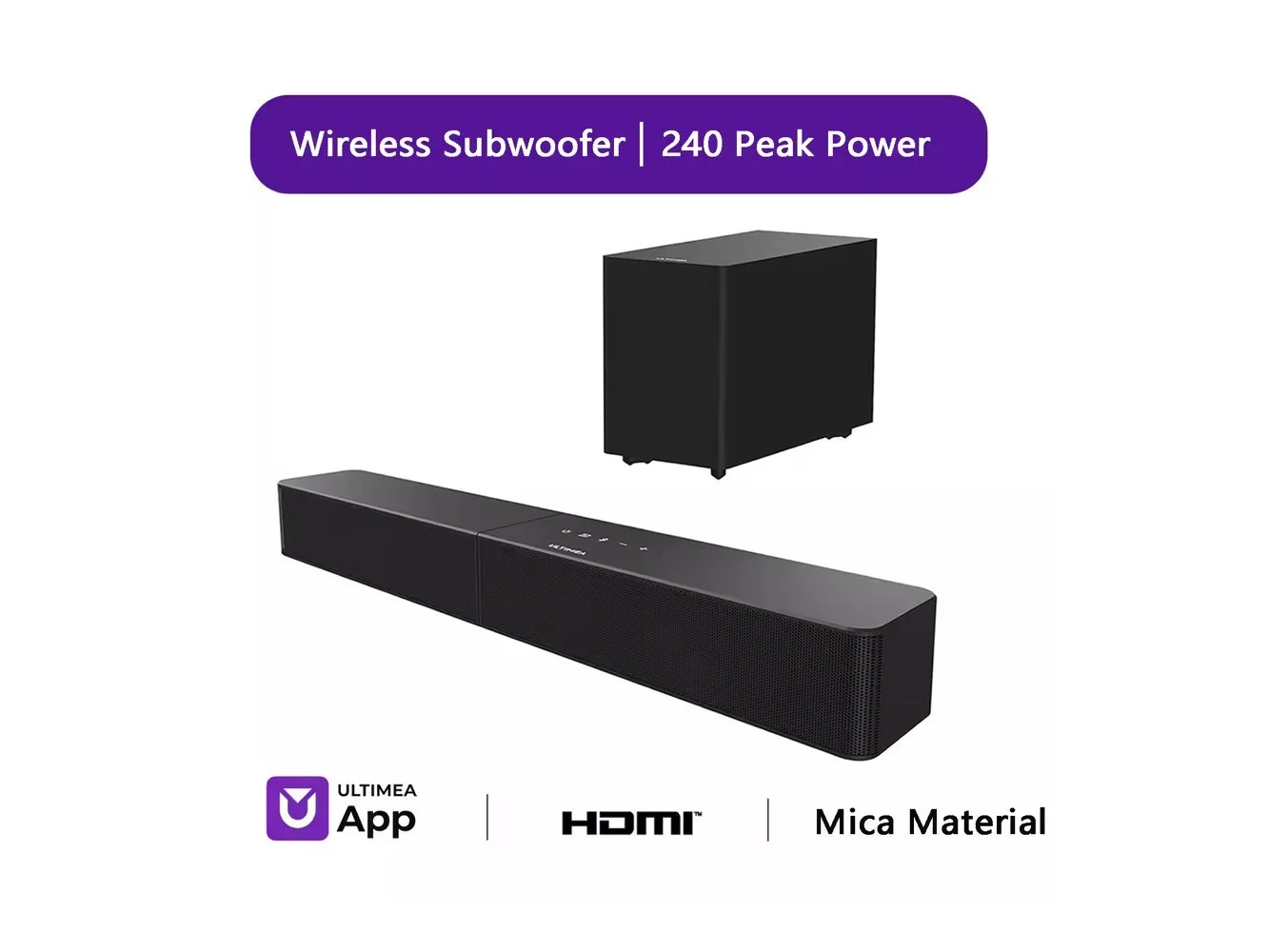 **Ultimea - Poseidon R3T 2.1ch Soundbar with Wireless Subwoofer, BassMX & VoiceMX, App Control, Bluetooth, HDMI, 240W - Black**