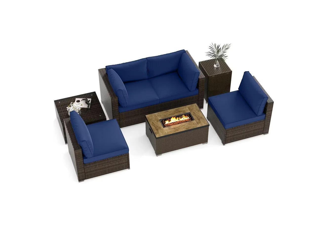 **Gymax - Set Of 7 Furniture Set w/32'' Fire Pit Table & Propane Tank Cover Outdoor - Blue**