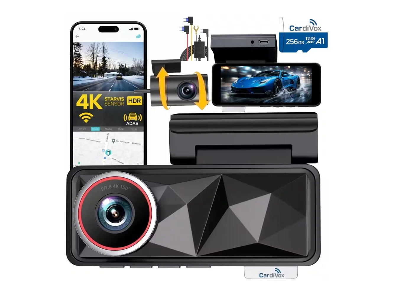 **CardiVox - 4k Dual Dash Cam Front and 2k Rear, Sony STARVIS Night Vision Dash Camera ADAS, WiFi GPS, Parking Mode, 256GB Included - Black**