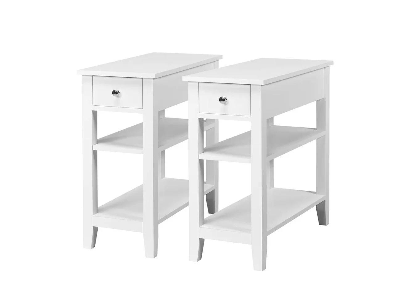 **Costway - 3 Tier Nightstand Bedside Table Sofa Side End Table w/Double Shelves Drawer - White**