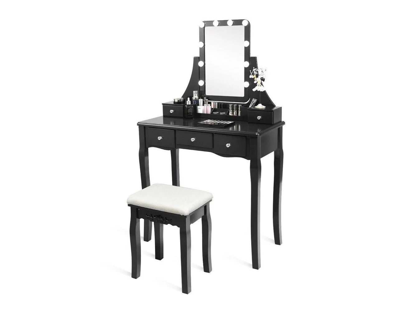 **Costway - Vanity Dressing Table Set w/Removable Box &10 Dimmable Bulbs Touch Switch - Black**