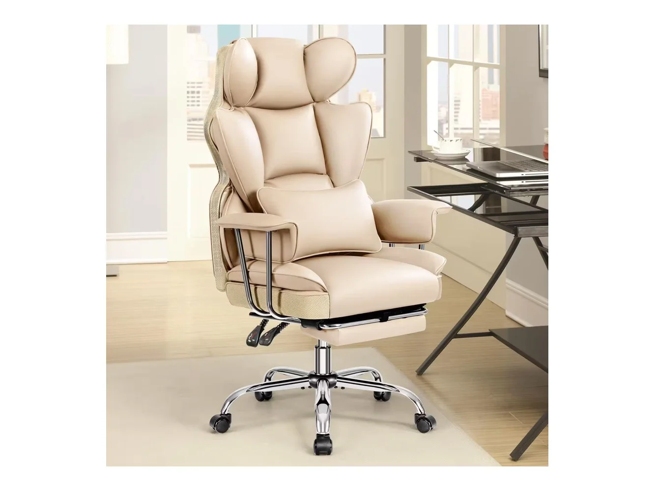 **Brick Attic - 500LBS Big & Tall Office Chair, Leather Gaming Chair with Footrest, Adjustable Height & Lumbar Support - Beige**