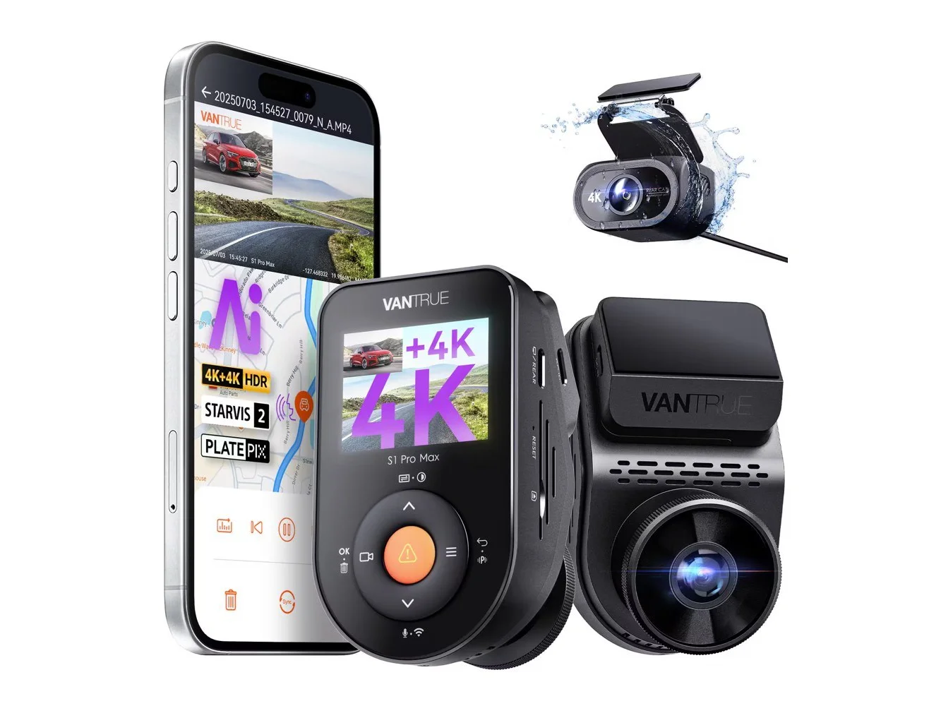 **Vantrue - S1 Pro Max 4K + 4K AI Dash Cam Front and Rear, ADAS, Dual STARVIS 2 HDR, PlatePix, Night Vision, Wide Coverage - Black**