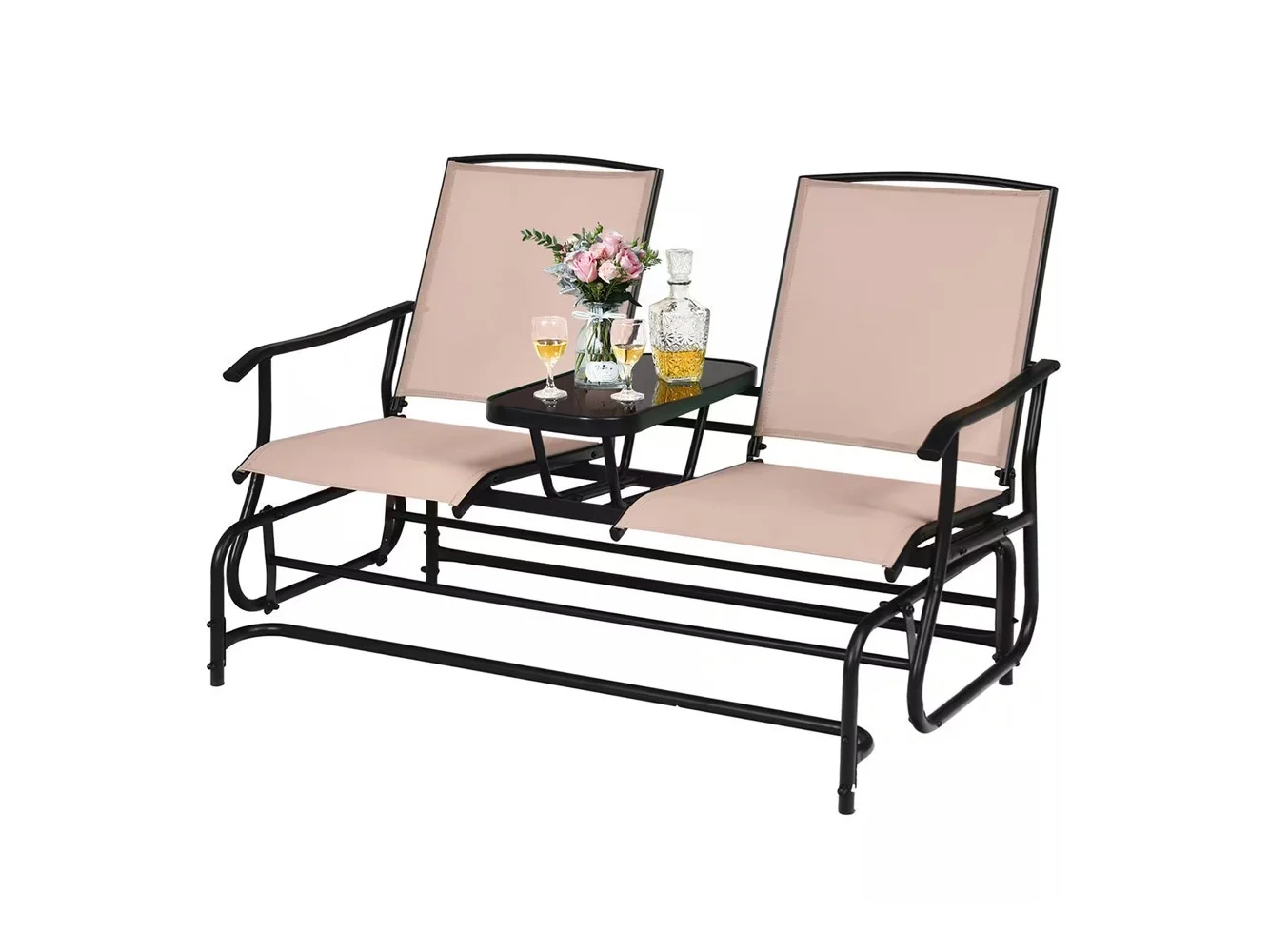 **Costway - 2 Person Outdoor Patio Double Glider Chair Loveseat Rocking - Brown**