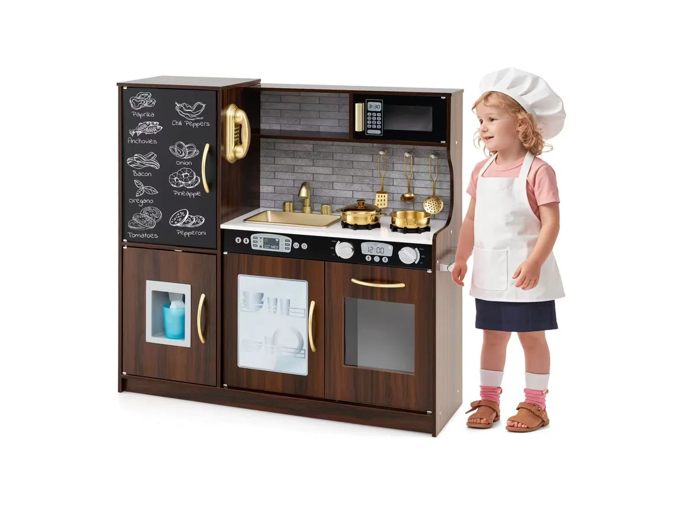 **Costway - Kid's Pretend Play Kitchen Toddler Kitchen Playset with Blackboard - Brown**