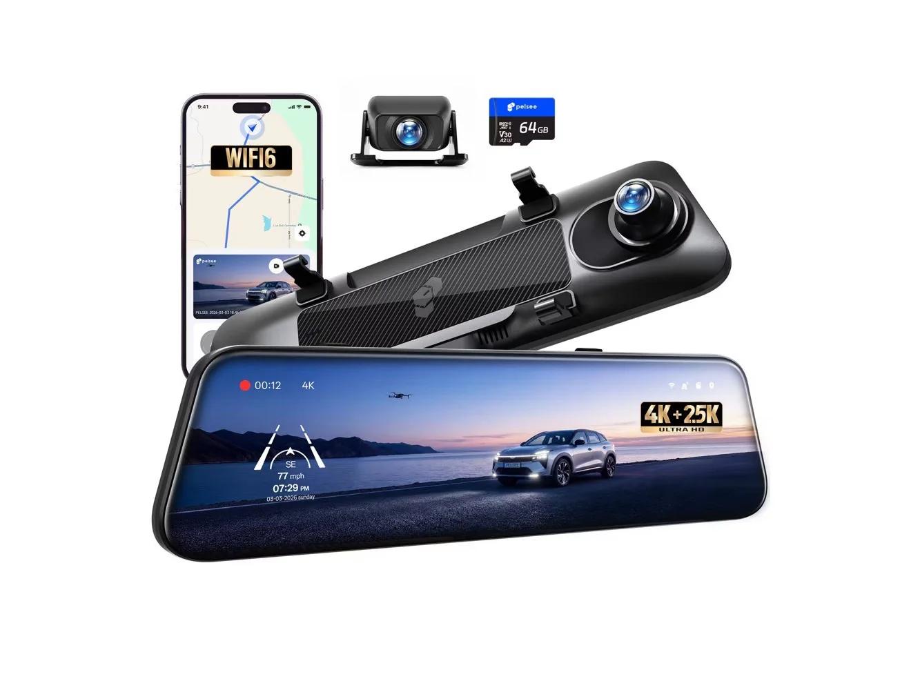**pelsee - 4K+2.5K Mirror Dash Cam Front/Rear, 8MP Sensor, Telephoto Lens, Full-Color Night Vision, WiFi 6, 64GB Card - Black**