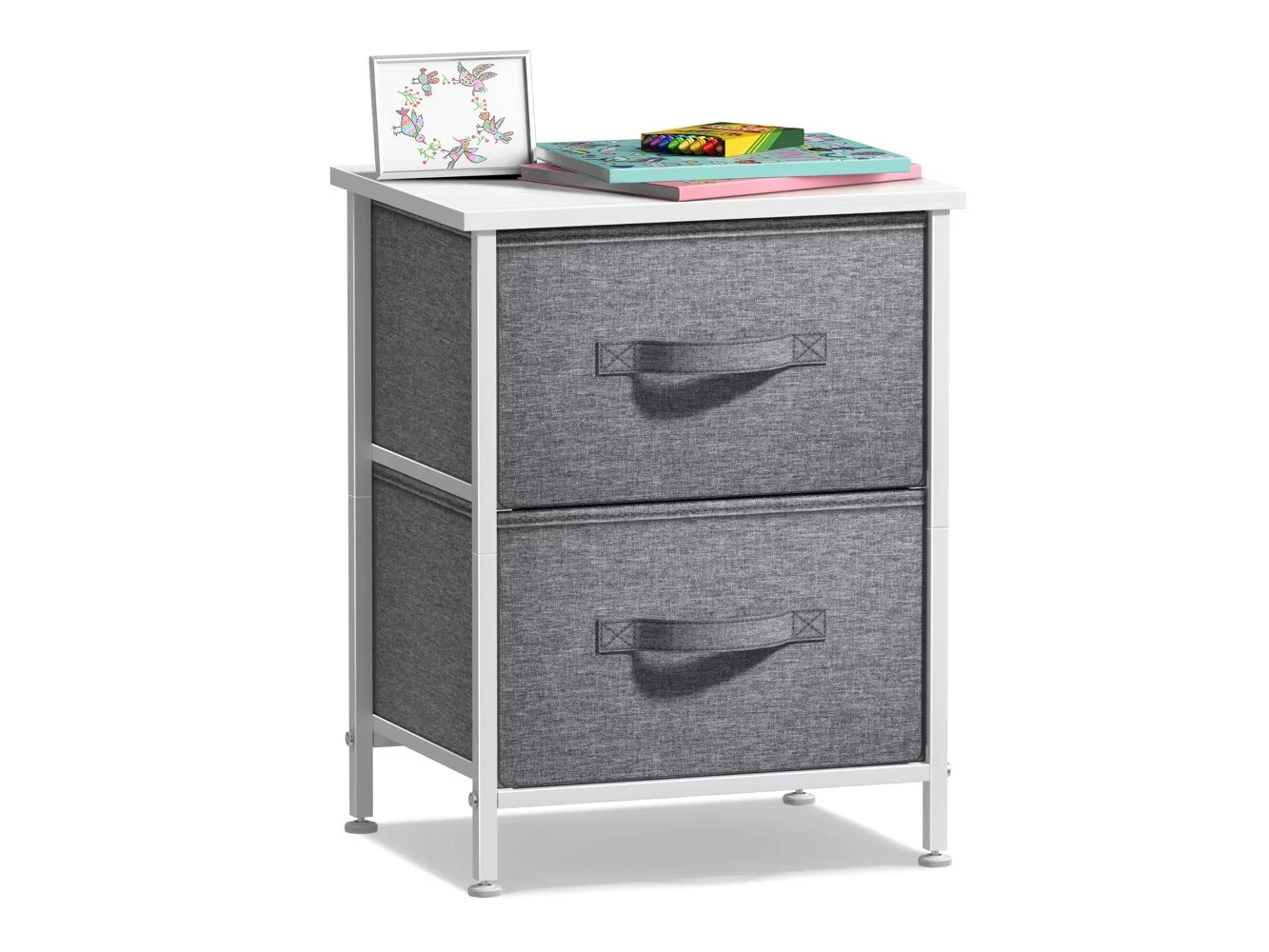 **Sorbus - Nightstand with 2 Drawers - Steel Frame, Wood Top &Fabric Bins -Home, Bedroom, Office &College Dorm, Kids Bedside - White**