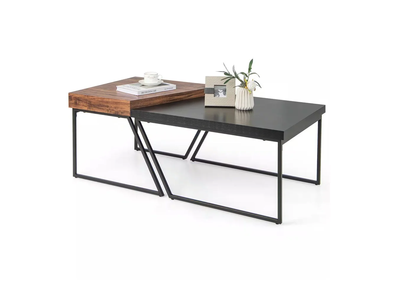 **Costway - Nesting Table Modern Coffee Table Set of 2 Stacking Side Table for Living Room - Black and Brown**