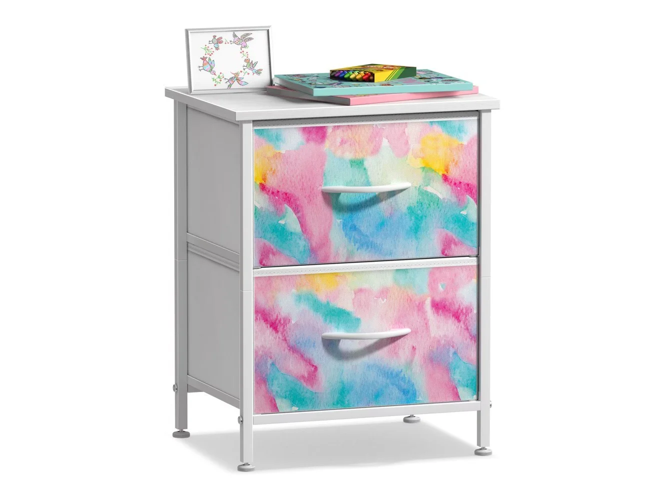 **Sorbus - Nightstand with 2 Drawers - Steel Frame, Wood Top &Fabric Bins -Home, Bedroom, Office &College Dorm, Kids Bedside - Watermelon Tie-Dye**