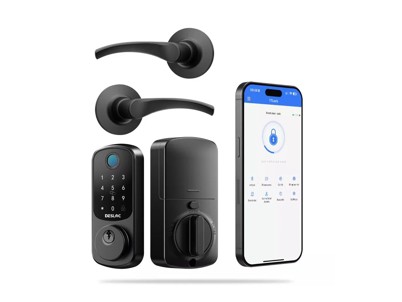 **DESLOC - B200 Smart Lock Keyless Entry Fingerprint Deadbolt with Handle/Lever Set, Front Door Replacement, Bluetooth App - Black - Wave Lever**