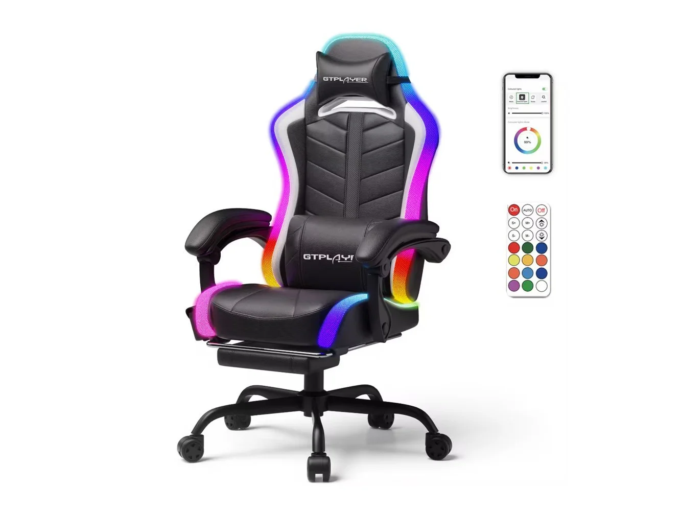 **GTPlayer - RGB Gaming Chair with Bluetooth Speakers High Back Ergonomic Chair with LED Lights Computer Chair - Black**