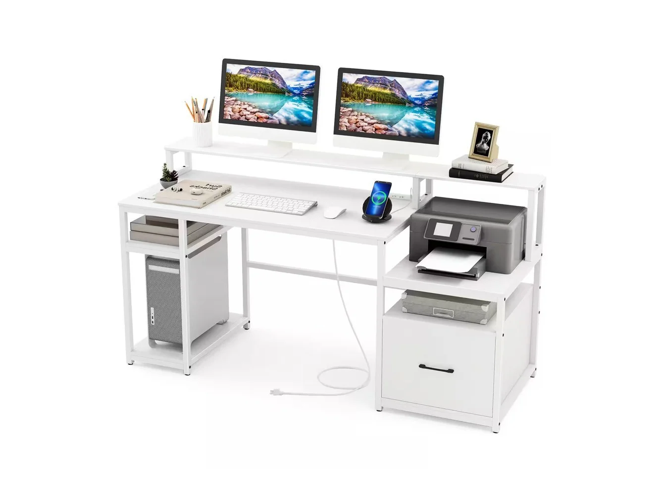**Costway - 66" Computer Workstation with Monitor Stand CPU Stand Printer Shelf & File Drawer - White**