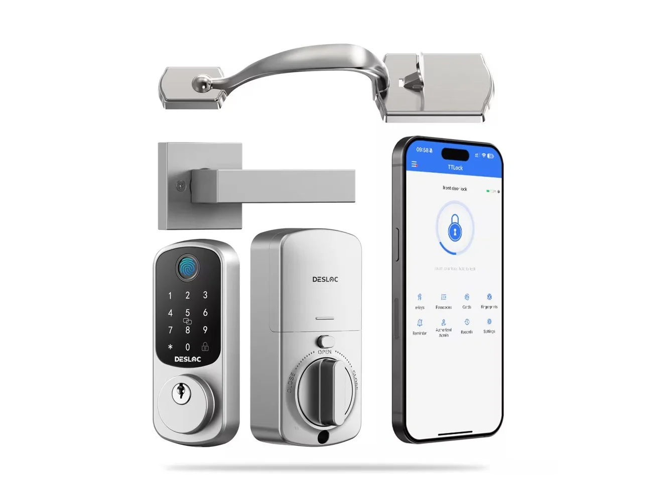 **DESLOC - B200 Smart Lock Keyless Entry Fingerprint Deadbolt with Handle/Lever Set, Front Door Replacement, Bluetooth App - Silver - Handle**