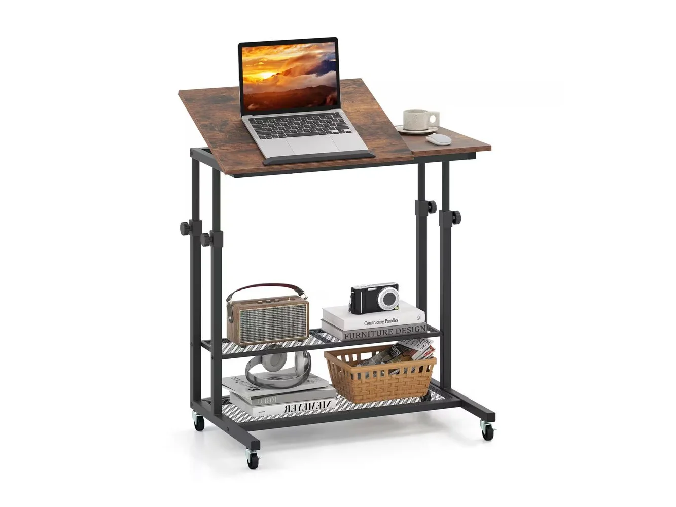 **Costway - Mobile Stand up Desk with Tilting Tabletop Storage Shelves Wheels for Living Room Brown - Rustic Brown & Black**