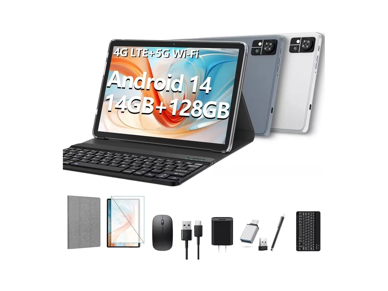 **Kimlok - Tablet 10.1 inch 2025 Latest Android14 Tablet 128GB ROM+14GB RAM+1TB Expand Octa-Core Tablets with Keyboard - Gray**