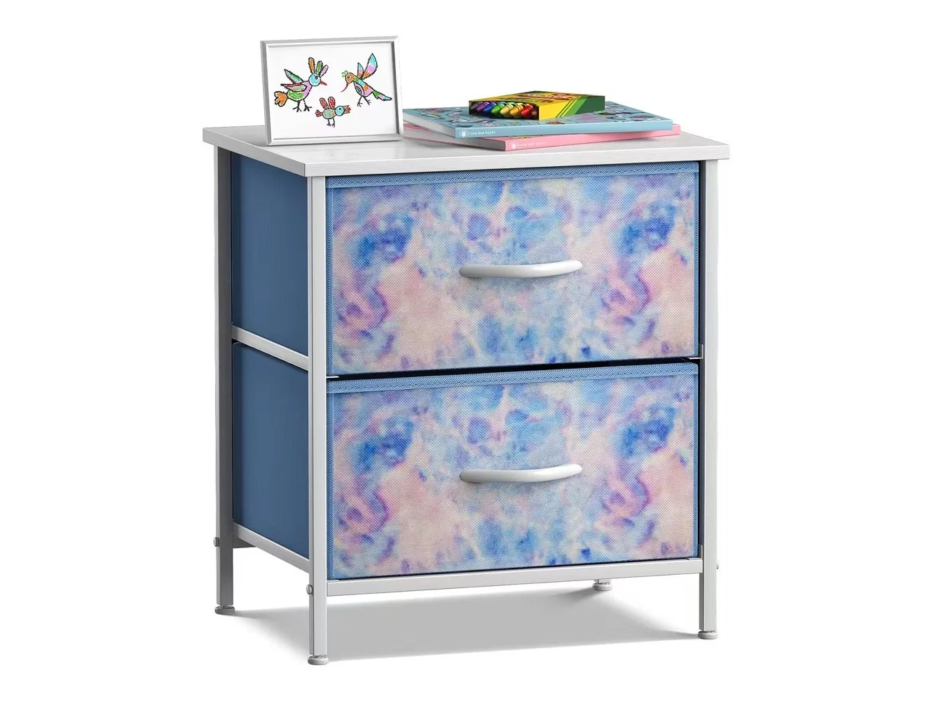 **Sorbus - Nightstand with 2 Drawers - Steel Frame, Wood Top &Fabric Bins -Home, Bedroom, Office &College Dorm, Kids Bedside - Tie Dye Blue**
