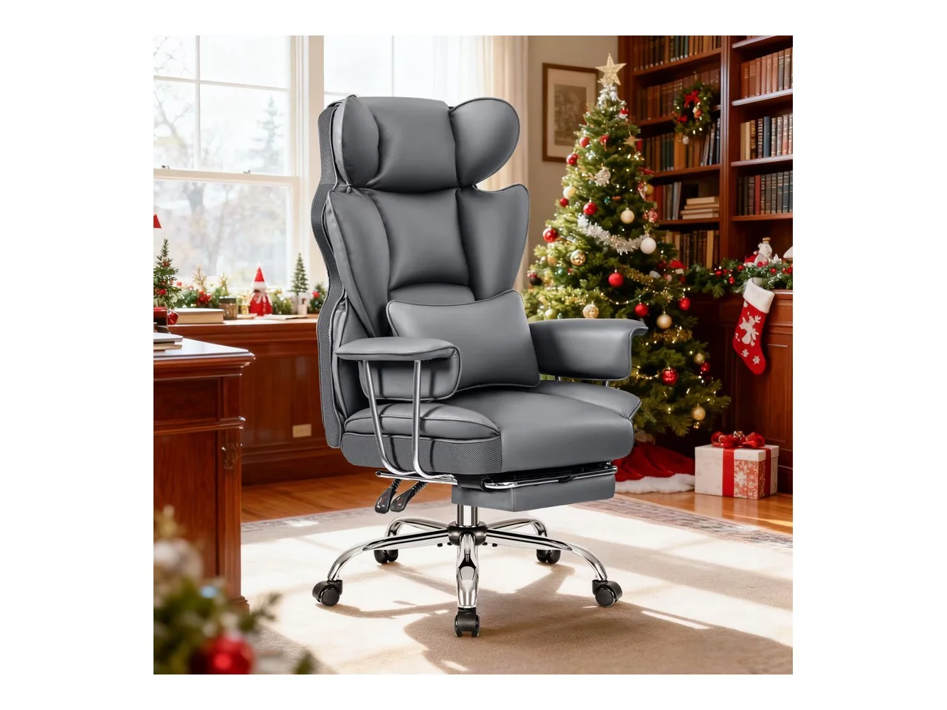 **Brick Attic - 500LBS Big & Tall Office Chair, Leather Gaming Chair with Footrest, Adjustable Height & Lumbar Support - Gray**