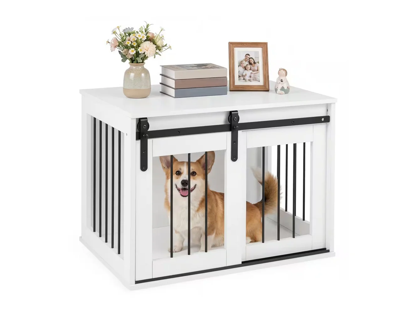**Gymax - Dog Crate Furniture 31.5'' Heavy Duty Dog Kennel w/Sliding Barn Door Metal Frame White**