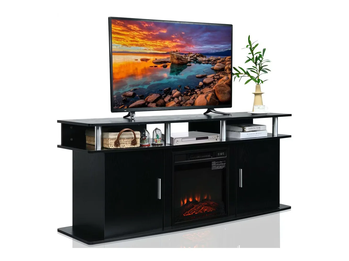 **Gymax - 63'' Fireplace TV Stand W/18'' 1400W Electric Fireplace up to 70'' - Black**