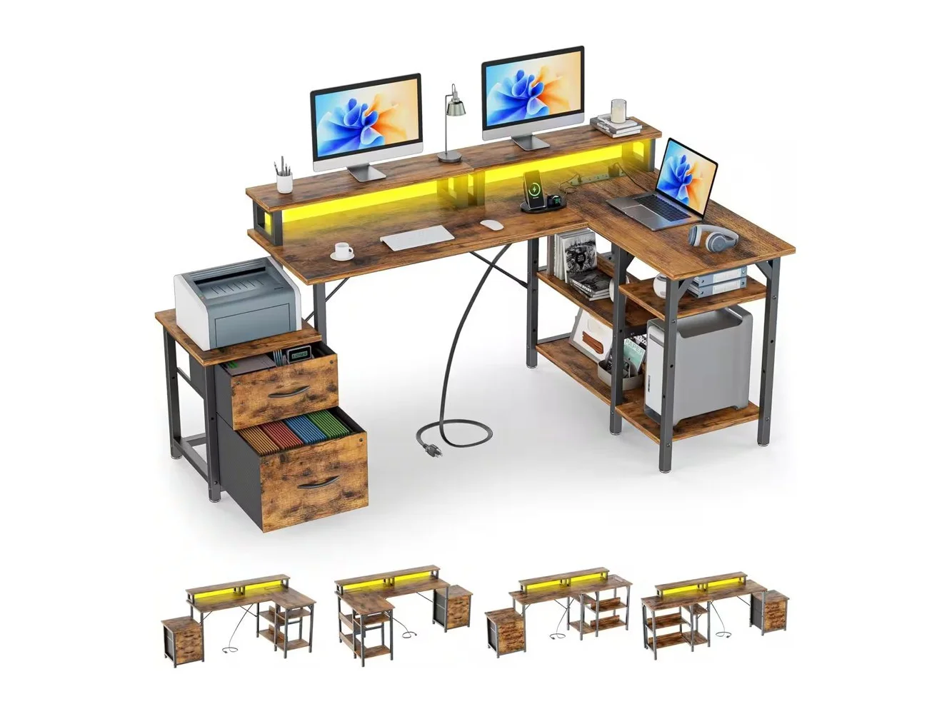 **GTPlayer - 70 IN Wide LED Gaming Desk L-Shaped with Power Outlet Computer Desk - Brown**