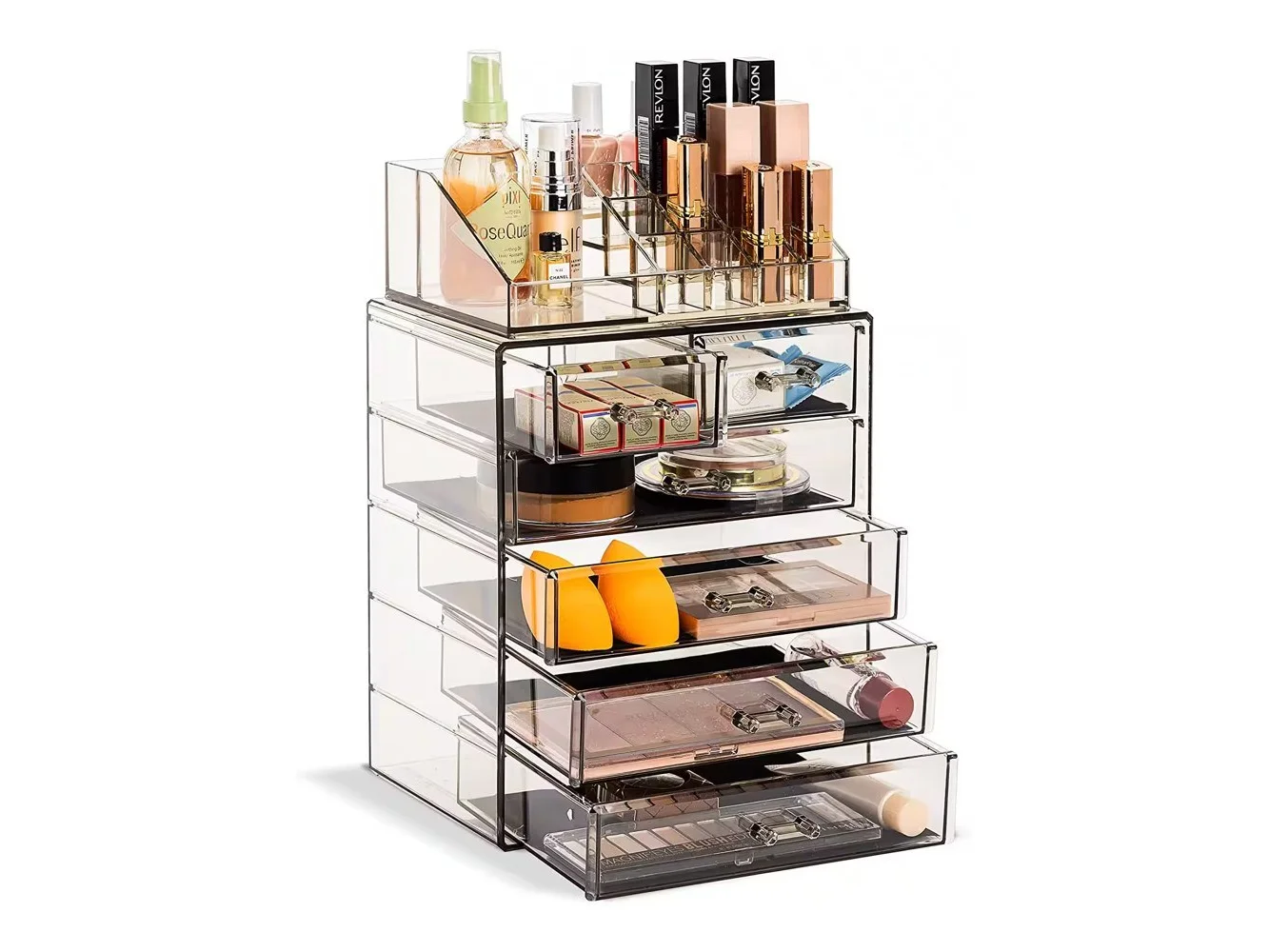 **Sorbus - 2 Piece Acrylic Makeup and Jewelry Storage Organizer Case (6 Drawers and Lipstick Tray) - Black**