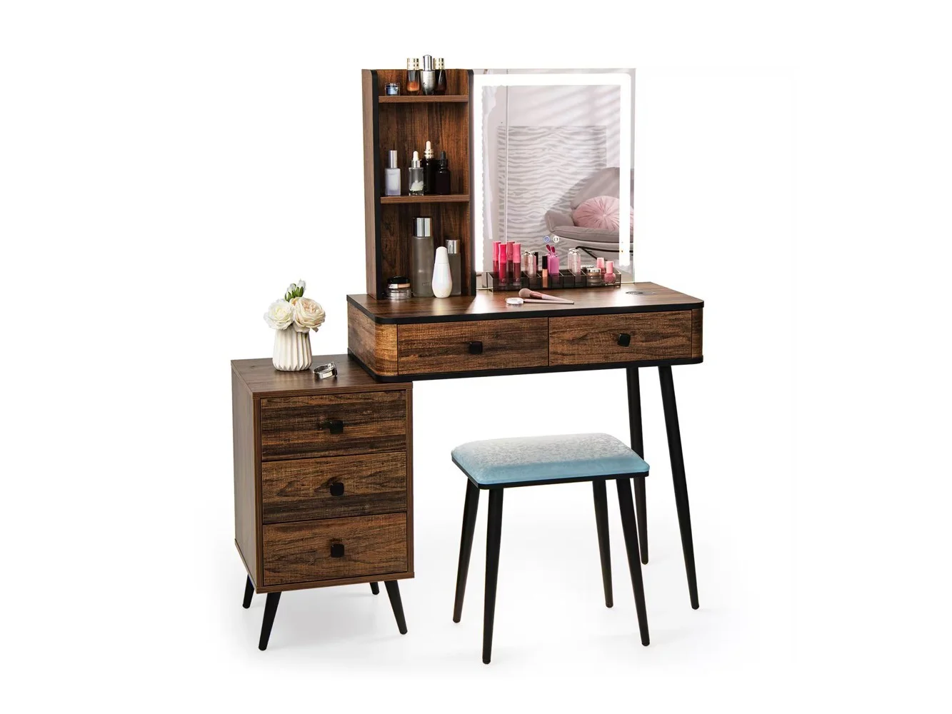 **Costway - Vanity Set with Dimmable Lighted Mirror 3 Lighting Modes - Brown**