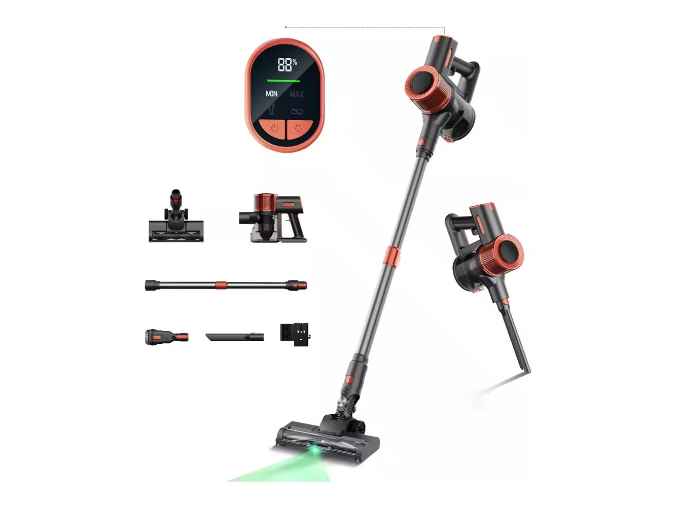 **JIGOO - C200 Cordless Vacuum Cleaner, 350W Stick Vacuum with LED, 23KPa Suction, 40min Runtime, for Hard Floor, Carpet, Pet Hair - Gray/Red**