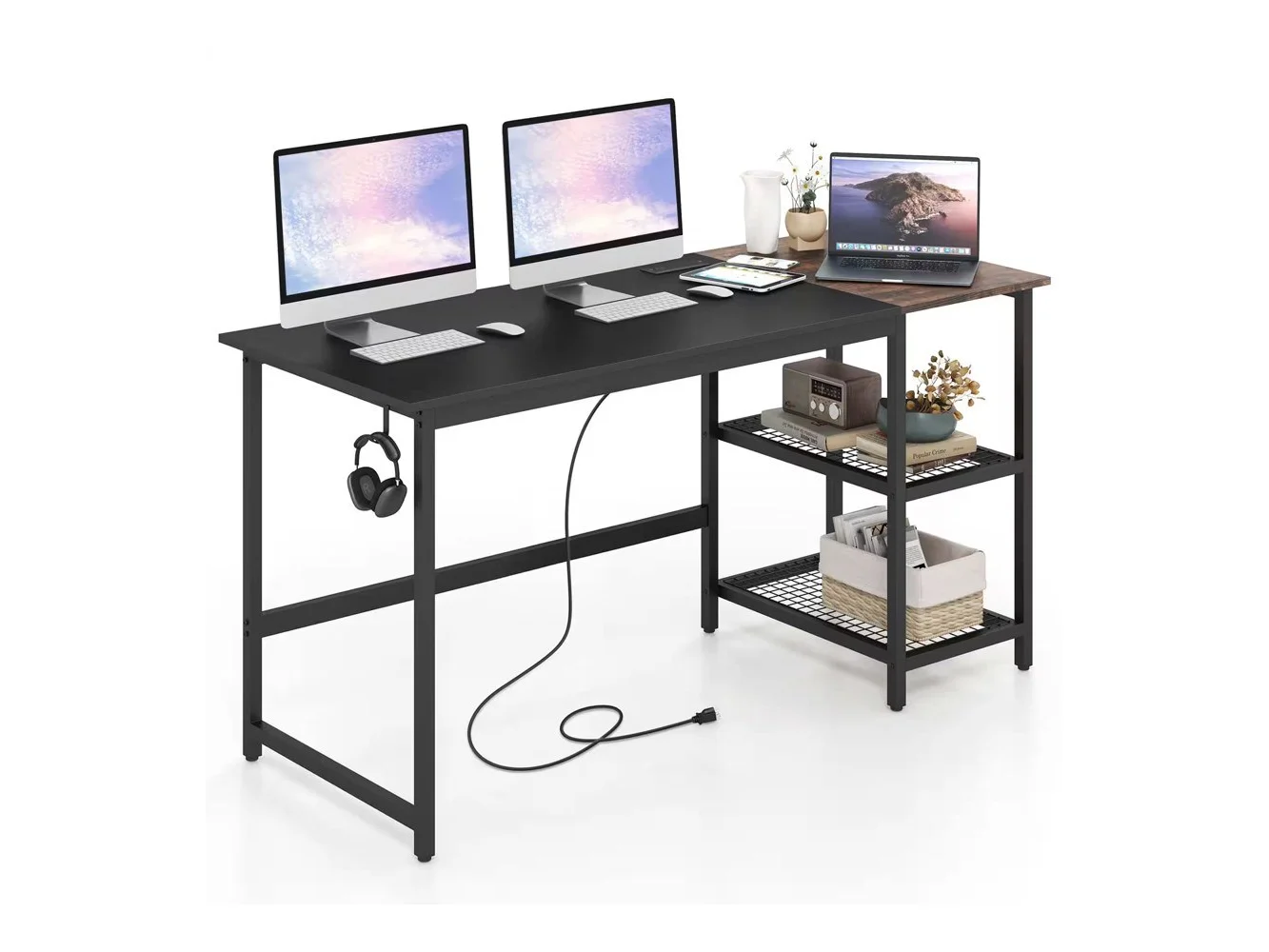 **Costway - Computer Desk with Charging Station and Storage Shelves - 59" Wide - Black**