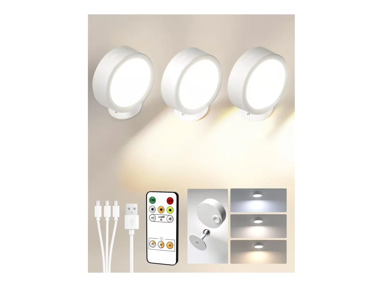 **EZVALO - 3 Pack Rotation Dimmable Cordless Wall Mounted Light LED Wall Sconce Smart Recessed Lighting with Remote-3 Temps - White**